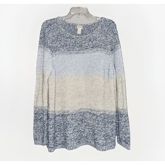 Chicos Sz 3 Sweater Blue Beige Metallic Colorblock Pullover Chunky Knit Beachy - Picture 1 of 16